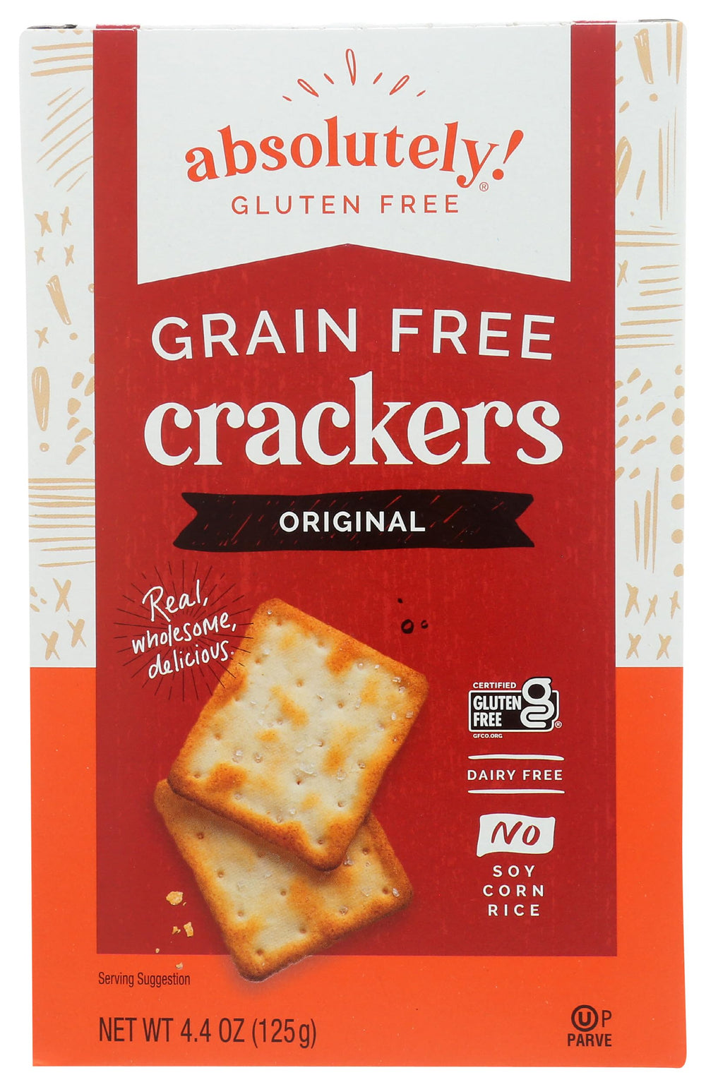 Absolutely Gluten Free Crackers Original pack shot showing crisp texture for snacking.