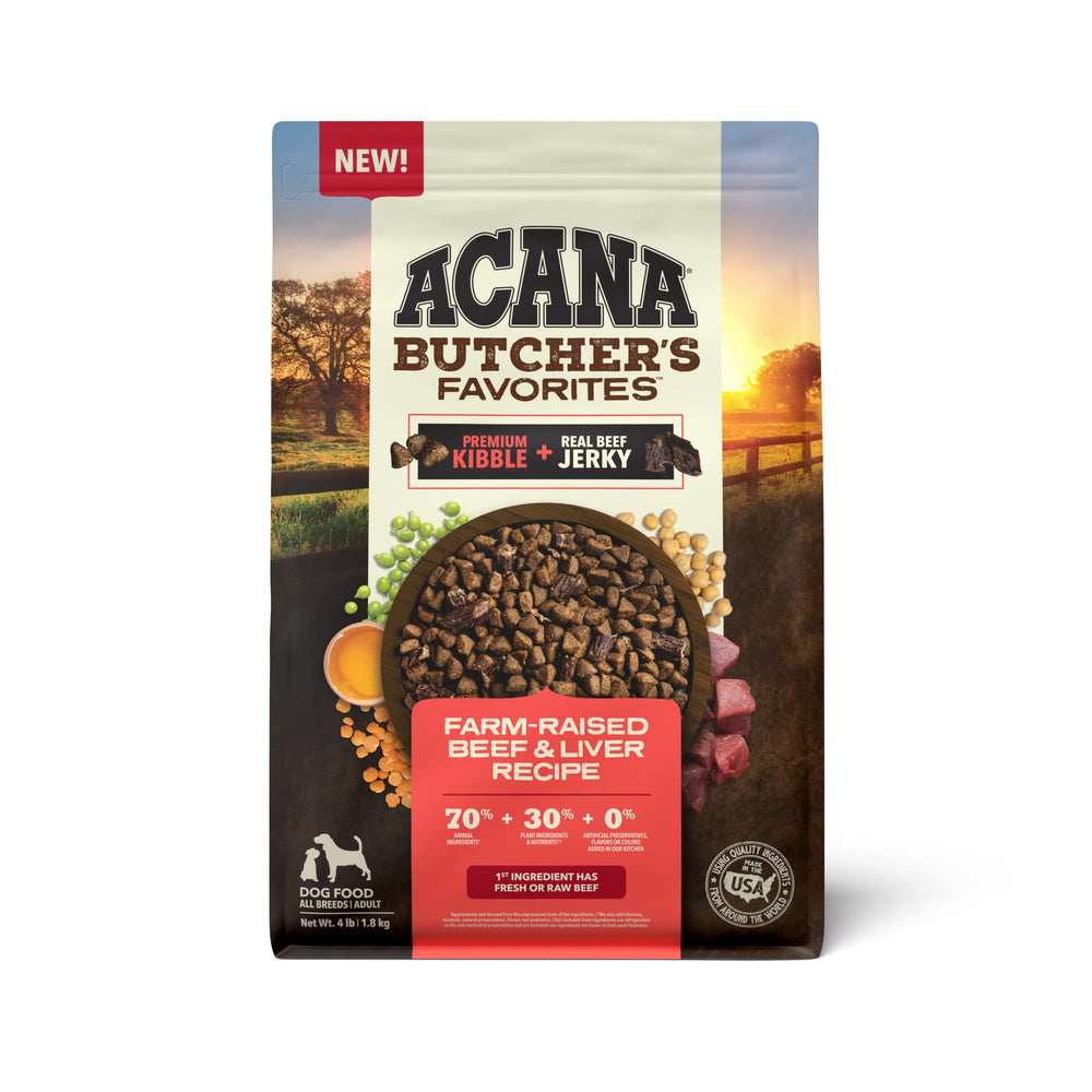 ACANA Butcher’s Favorites 4lb bag shown for protein‑dense daily meals