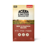 ACANA Singles Beef and Pumpkin dry dog food bag shows grain-free nutrition.