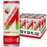 Accelerator Cherry Limeade can front view highlighting zero sugar and clean energy