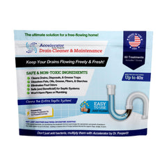 Accelerator by Dr. Pooper powder poured into a kitchen drain for smoother flow and odor control.