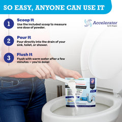 Toilet drain treatment shows product versatility for multiple drains.