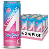 Accelerator Cotton Candy 12oz can showing zero sugar for clean, sustained energy.