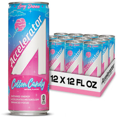 Accelerator Cotton Candy 12oz can showing zero sugar for clean, sustained energy.