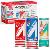 Accelerator Energy Drink variety pack cans featuring Rocket Pop flavor for on-the-go energy and focus.