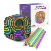 Accevo 3D Sensory Activity Board front view showcases colorfully flexible silicone cube for stress relief.