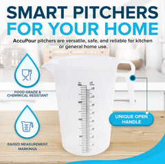 ACCUPOUR 32oz measuring pitcher with ergonomic handle for comfortable pours.