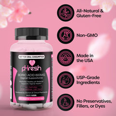 ACE NUTRITION pHresh boric acid suppositories box highlights natural feminine care and pH balance support
