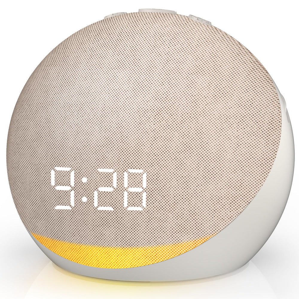 Acedeck sound machine alarm clock on nightstand for sleep-friendly ambiance.