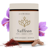 ACEWORKZ saffron bottle highlighting appetite control and mood support.