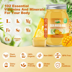 ACEYO sea moss gel ingredients in glass bowl showcase fresh fruit and vitamins