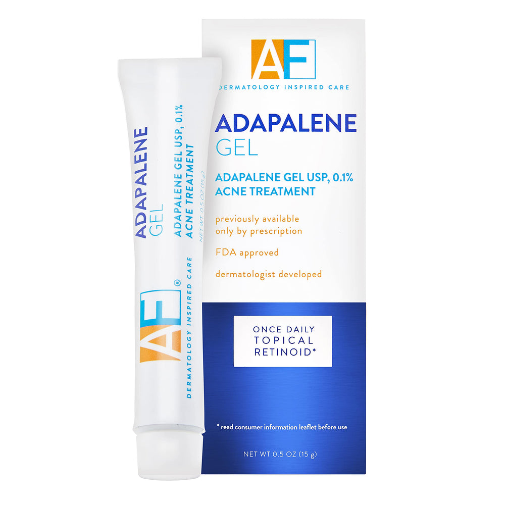 AcneFree Adapalene Gel 0.1% bottle closeup showing oil-free formula for clear pores
