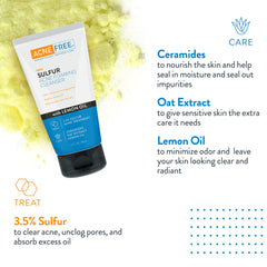 AcneFree sulfur cleanser oat extract depicts soothing relief for inflamed skin.