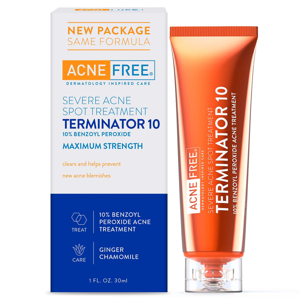 AcneFree Terminator 10 bottle front view showing maximum strength acne spot treatment for targeted blemish care.
