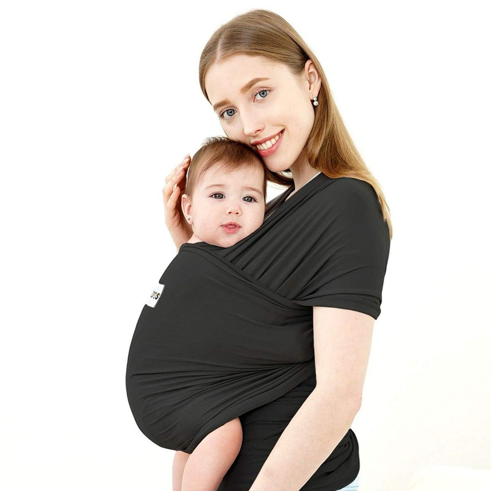 ACRABROS baby wrap carrier in black, front view, close contact.