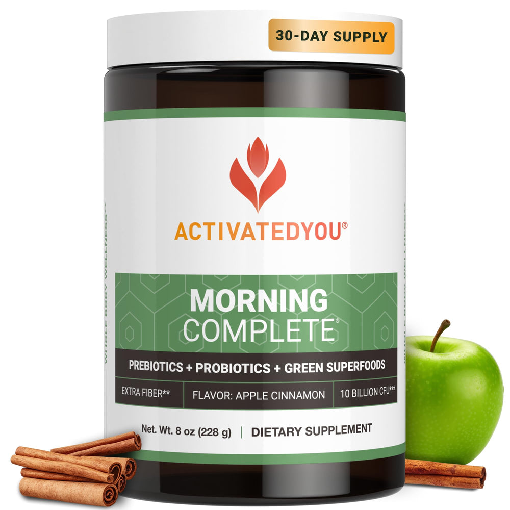 ActivatedYou Morning Complete bottle front view features Apple Cinnamon flavor for daily gut support