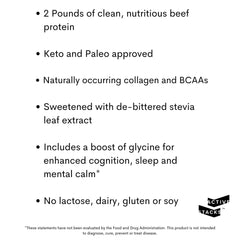 Active Stacks beef protein powder nutrition label, third-party tested and keto-friendly.