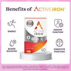 ACTIVEIRON capsule close-up showing gentle non-constipating formula.