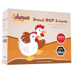 Adaman BSF dried larvae 10lb box highlighting bulk poultry nutrition.