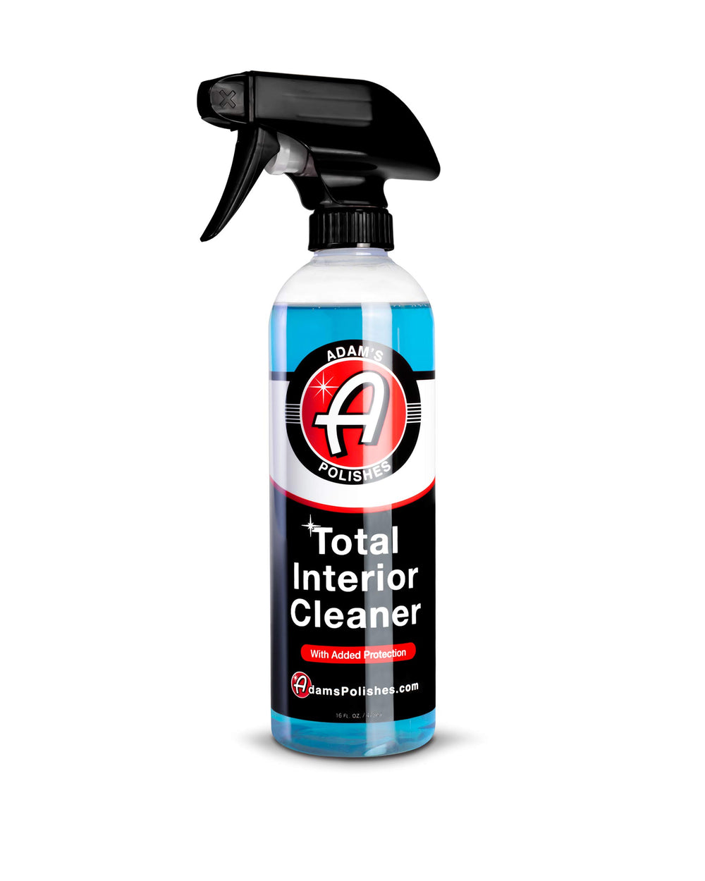 Adam's Polishes Total Interior Cleaner bottle front demonstrates versatile protection for dashboards and plastics.