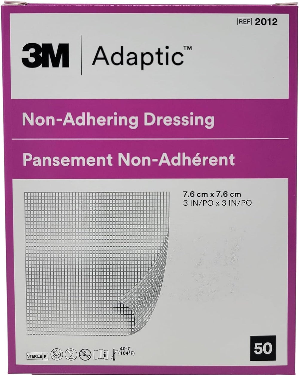 Adaptic non-adherent dressing 3x3 box view protects wounds without sticking.