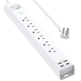Addtam flat-plug power strip keeps wall space clear and cords organized.