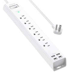 Addtam flat-plug power strip keeps wall space clear and cords organized.