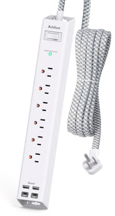 Addtam power strip with flat plug and 6 outlets ideal for space-saving dorms.