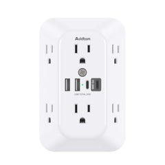 Addtam surge protector with six outlets and four USB ports arranged for a clutter-free workspace