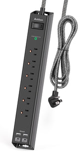 Addtam Surge Protector front view with slim profile saves desk space.