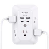Addtam surge protector outlet extender shows five outlets and four USB ports for clutter-free desks.