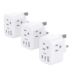 Addtam Type G travel plug with three outlets and USB ports for simultaneous charging.