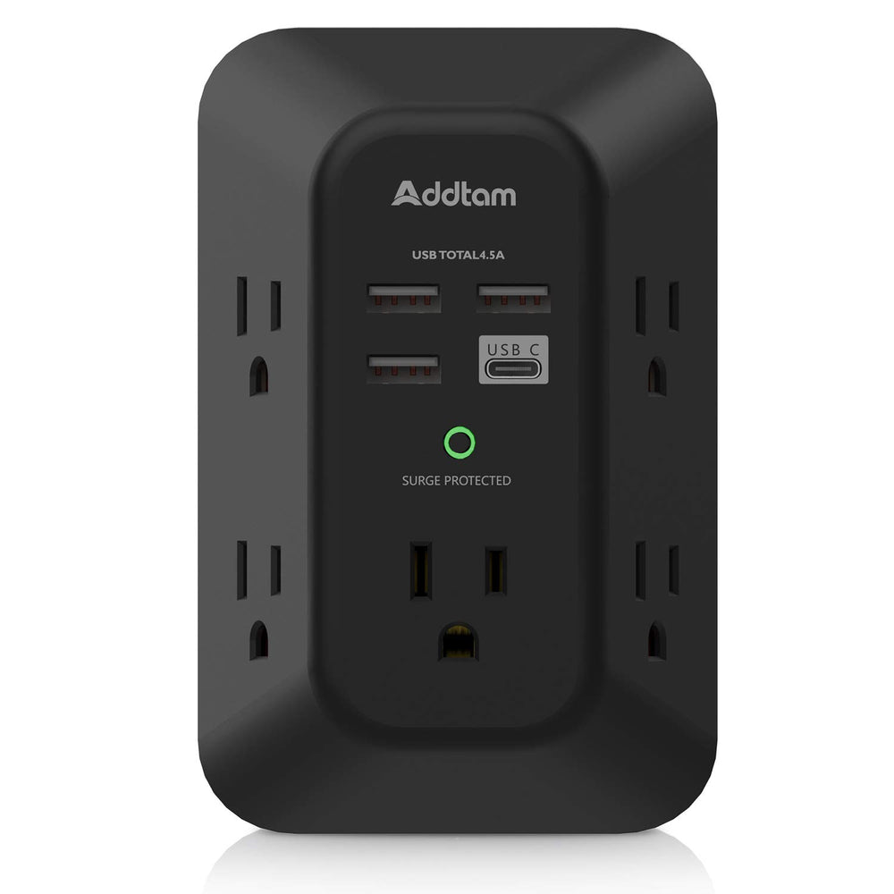 Addtam USB Wall Charger with 5 outlets, side view showing space for bulky adapters.