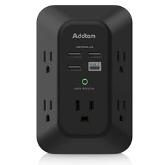 Addtam USB Wall Charger with 5 outlets, side view showing space for bulky adapters.