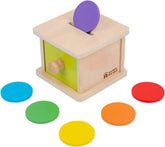 Adena Montessori coin box with yellow-green door promotes early color and shape exploration.