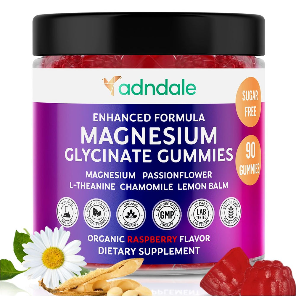 Adndale Magnesium Glycinate Gummies bottle front promotes relaxation with raspberry flavor