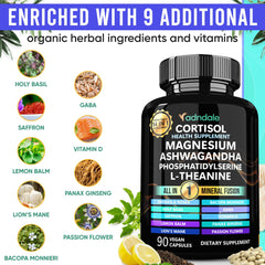 Adndale Cortisol supplement label detail highlighting the 14-in-1 formula.