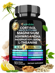 Adndale Cortisol supplement bottle on a clean counter for daily stress support.