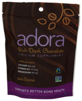 Adora Calcium Disk in dark chocolate delivers 500 mg calcium per serving for daily support.