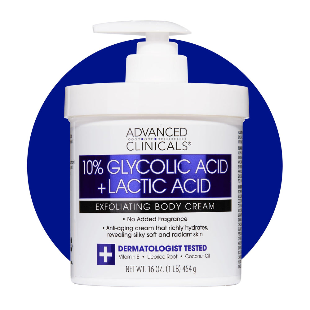 Advanced Clinicals bottle front for glycolic-lactic body cream promoting smoother, radiant skin.