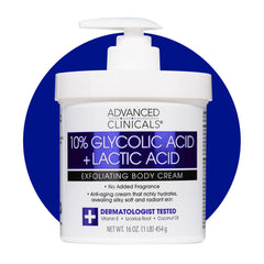 Advanced Clinicals bottle front for glycolic-lactic body cream promoting smoother, radiant skin.