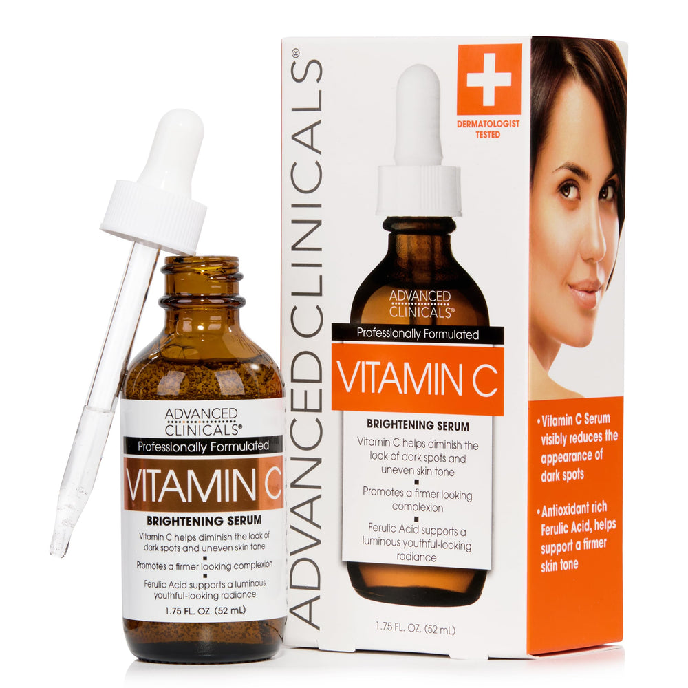 Advanced Clinicals Brightening Serum bottle glows with radiance for an even complexion