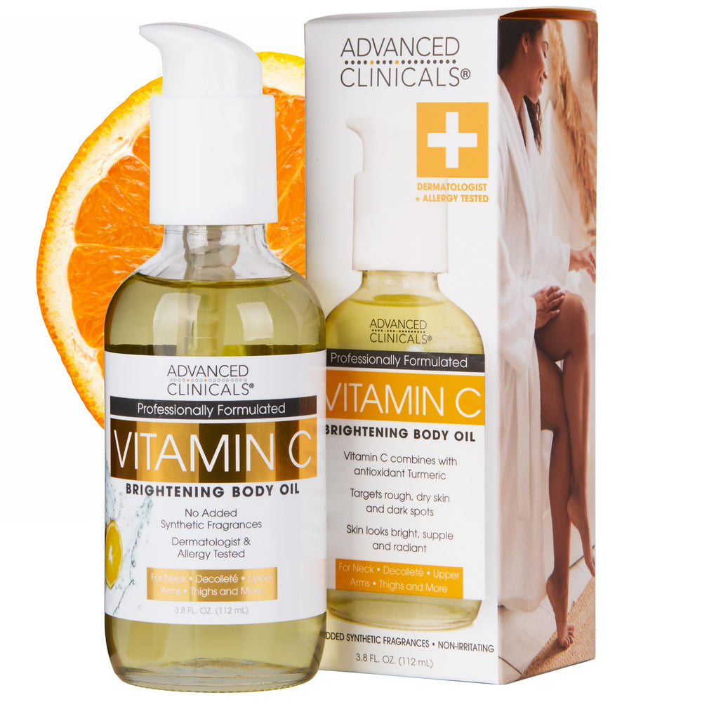 Advanced Clinicals Brightening Vitamin C Body Oil bottle with pump delivering glow-enhanced hydration