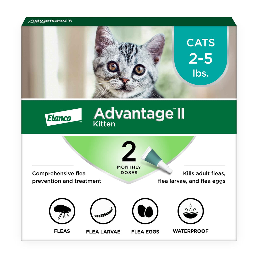 Advantage II Kitten bottle showing easy monthly flea protection for kittens 2-5 lbs.