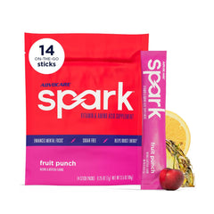 Advocare Spark fruit punch stick pack front view highlights convenient energy on the go