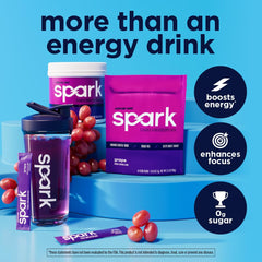 AdvoCare Spark glass with a ready-to-drink grape energy beverage emphasizing focus.