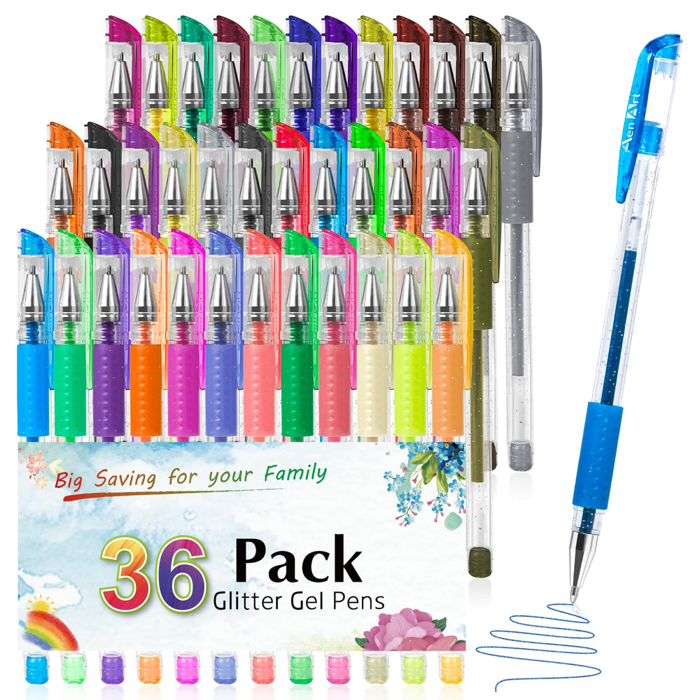 Aen Art Glitter Gel Pens 36-color set for detailed coloring with long-lasting ink.