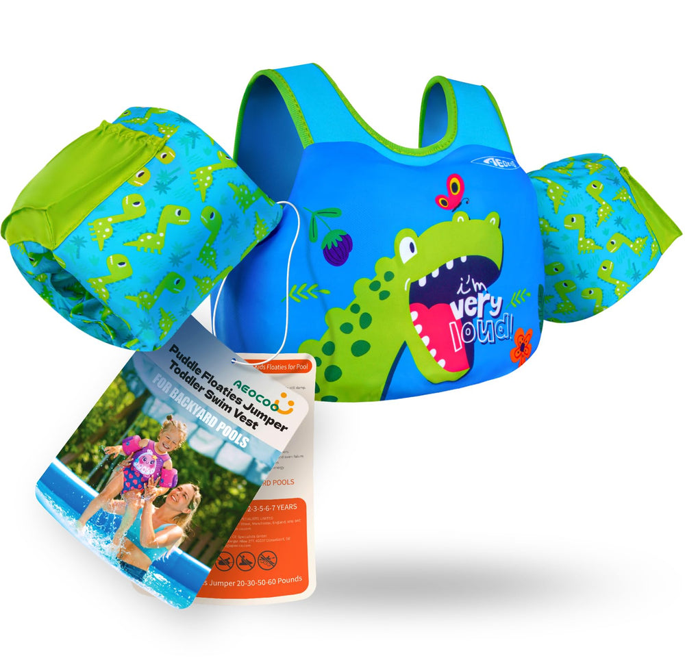 AEOCOO dinosaur swim vest front buckles offering secure adjustable flotation for toddlers.