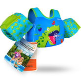 AEOCOO dinosaur swim vest front buckles offering secure adjustable flotation for toddlers.
