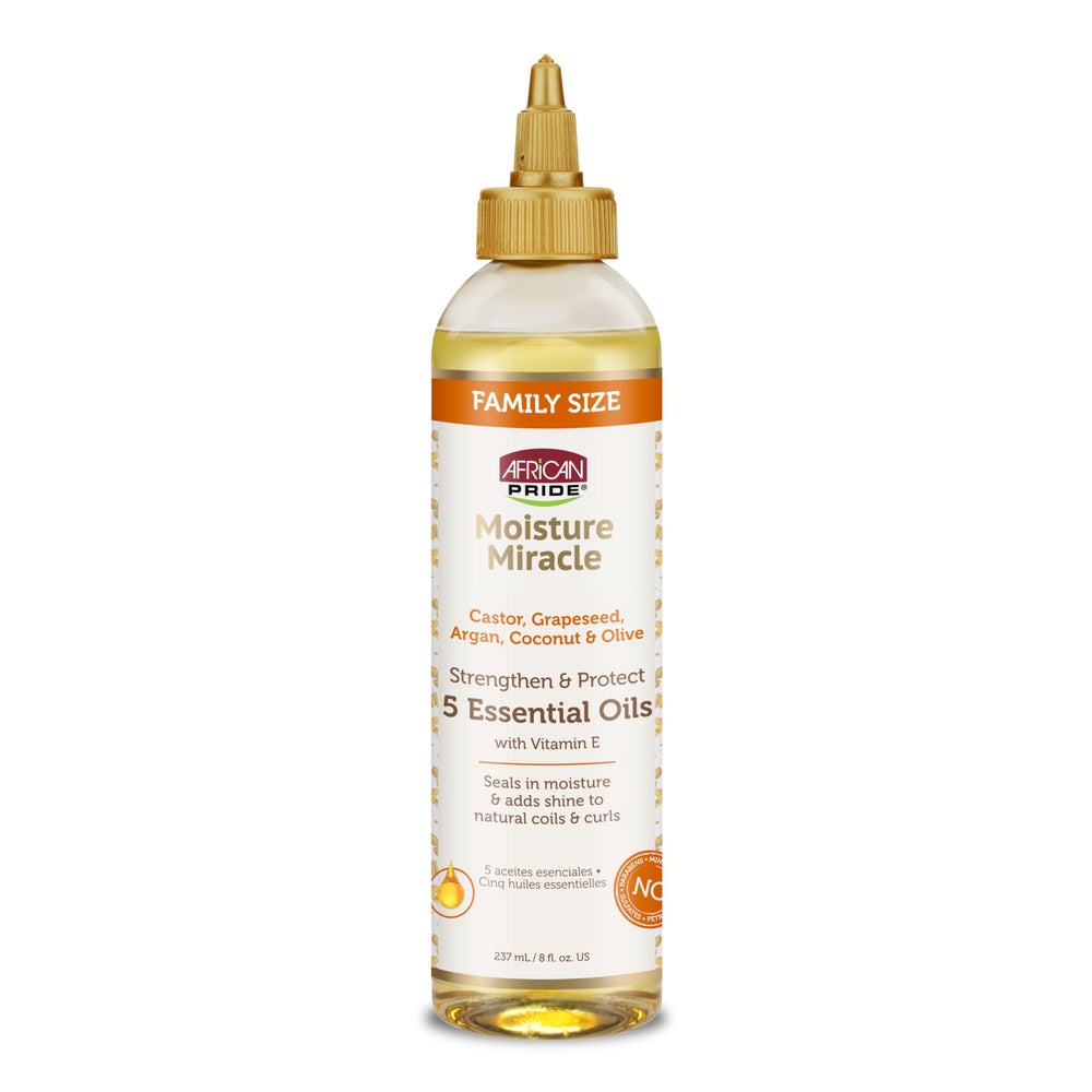 African Pride Moisture Miracle 5 Oils bottle demonstrates lightweight hydration for hair.